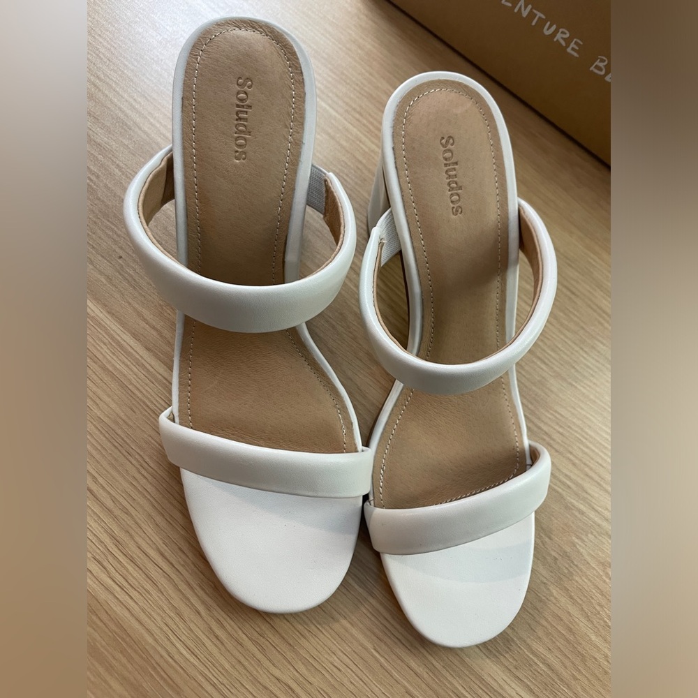 Soludos Strappy Block Heel Sandal White Leather Chunky Heels Mule Euro summer - Picture 5 of 15
